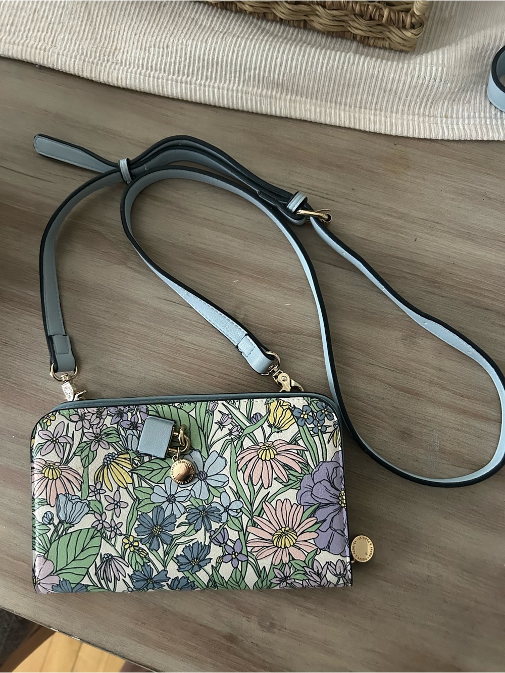 Poppy & Peonies Pastel Floral Convertible Crossbody in Light Blue Trim